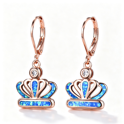 Women's Crown Blue Opal Zircon Dangle Earrings, Rose Gold Plating/White Gold Plating