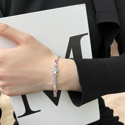 Women's Delicate Bracelet, Multicolor Baguette Zirconia Arranged Inlay, S925 with White Gold Plating