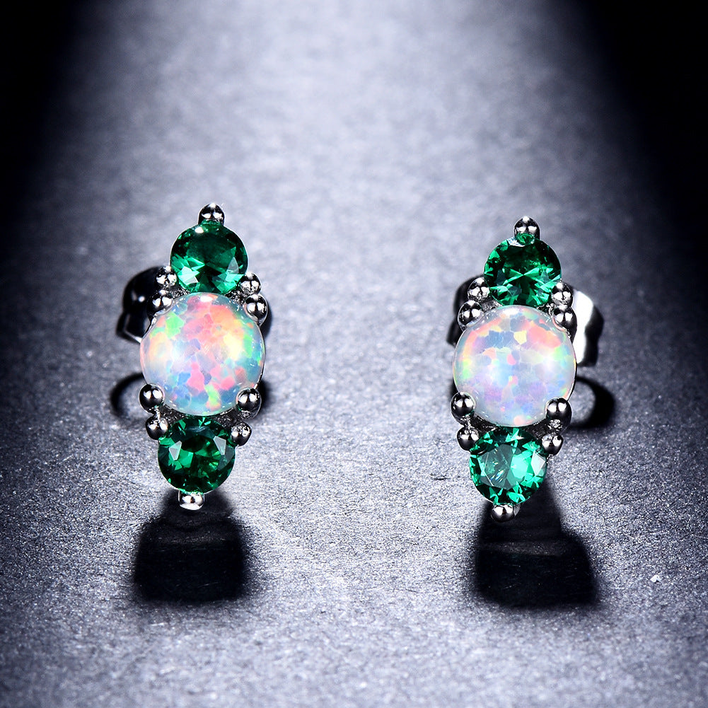 Women's Stud Earrings, White Opal With Wine‑Red Gemstone / White Opal With Emerald Gemstone
