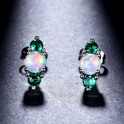 Women's Stud Earrings, White Opal With Wine‑Red Gemstone / White Opal With Emerald Gemstone