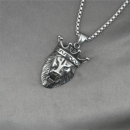 Men's Steel Crown Lion Head Vintage Animal Jewelry Pendant Necklace