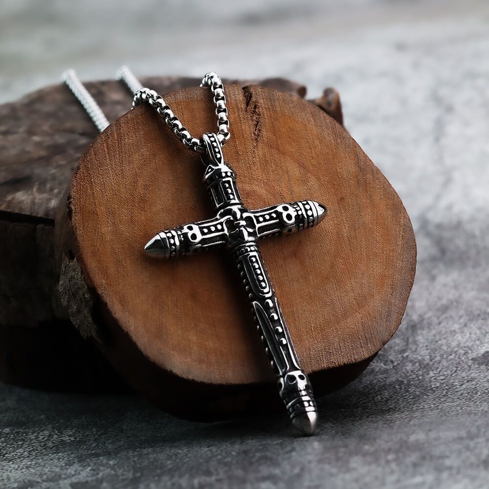 Vintage Stainless Steel Gothic Punk Engraved Pattern Cross Pendant Necklace for Men