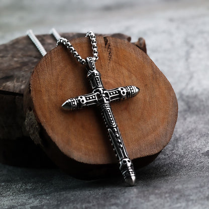 Vintage Stainless Steel Gothic Punk Engraved Pattern Cross Pendant Necklace for Men