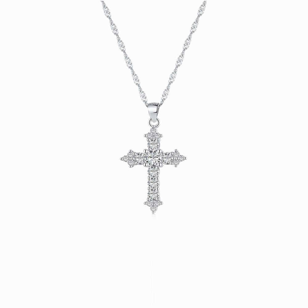 Women's Stackable Religious Cross Pendant Necklace, Zirconia Inlay, S925 with White Gold Plating
