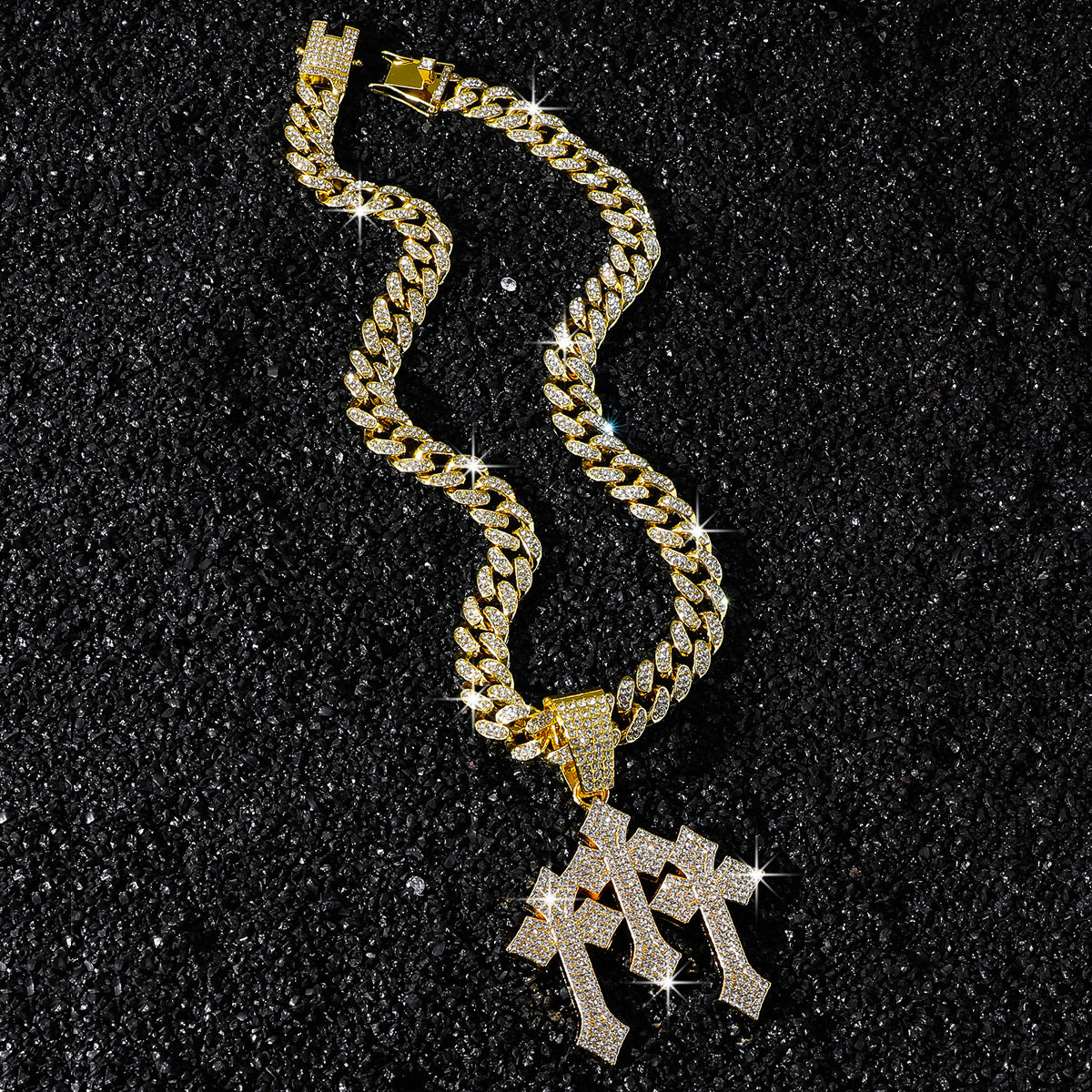 Hip-Hop Three Crosses Spliced Cuban Chain Pendant Necklace
