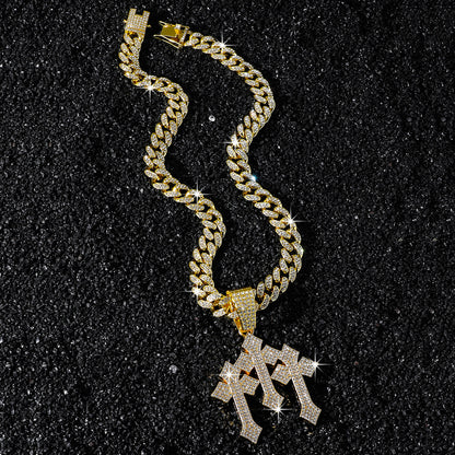 Hip-Hop Three Crosses Spliced Cuban Chain Pendant Necklace
