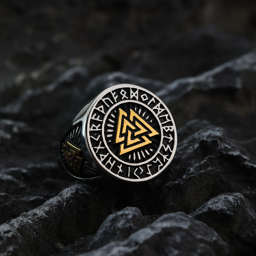 Vintage Nordic Stainless Steel Viking Triangle Symbol Rune Circle Signet Ring for Men