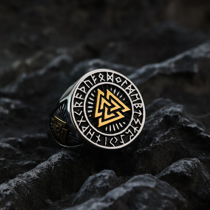 Vintage Nordic Stainless Steel Viking Triangle Symbol Rune Circle Signet Ring for Men