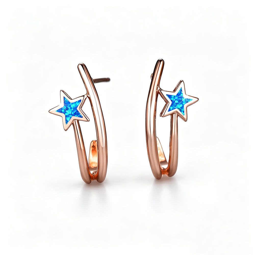 Women's Double‑Hoop C‑Shape Star Opal Hoop Earrings, with White Gold Plating / Rose Gold Plating