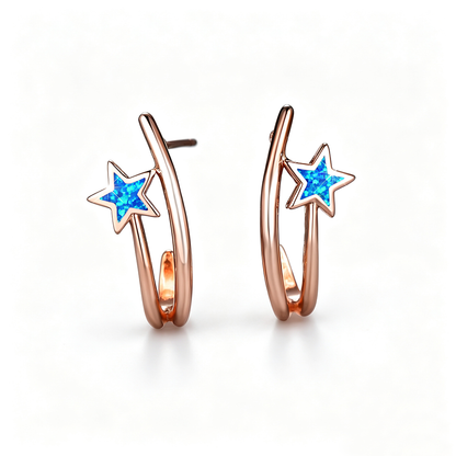 Women's Double‑Hoop C‑Shape Star Opal Hoop Earrings, with White Gold Plating / Rose Gold Plating