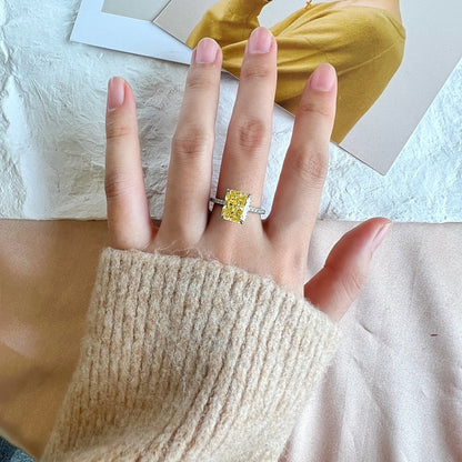 Women's Square Ice Flower Cut Yellow Gemstone Zirconia Luxury Ring, S925 with White Gold Plating
