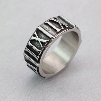 Vintage  Stainless Steel Roman Numeral Embossed Band Ring for Men
