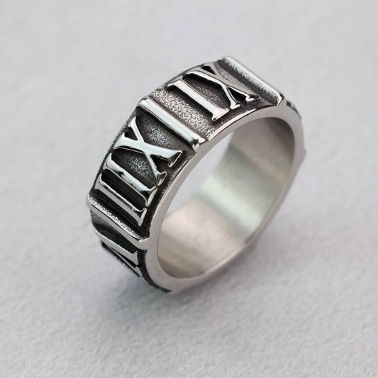 Vintage  Stainless Steel Roman Numeral Embossed Band Ring for Men