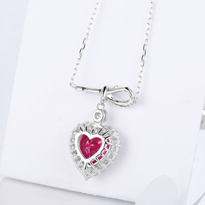 Women's Bow-knot Heart Ruby Gem Pendant with Worldwide Setting Full Diamond