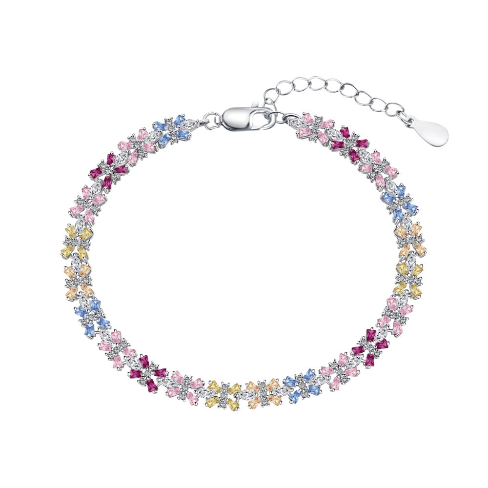 Women's High‑End Tennis Bracelet, Multicolor Marquise Zirconia Flower Design Inlay, S925 with White Gold Plating