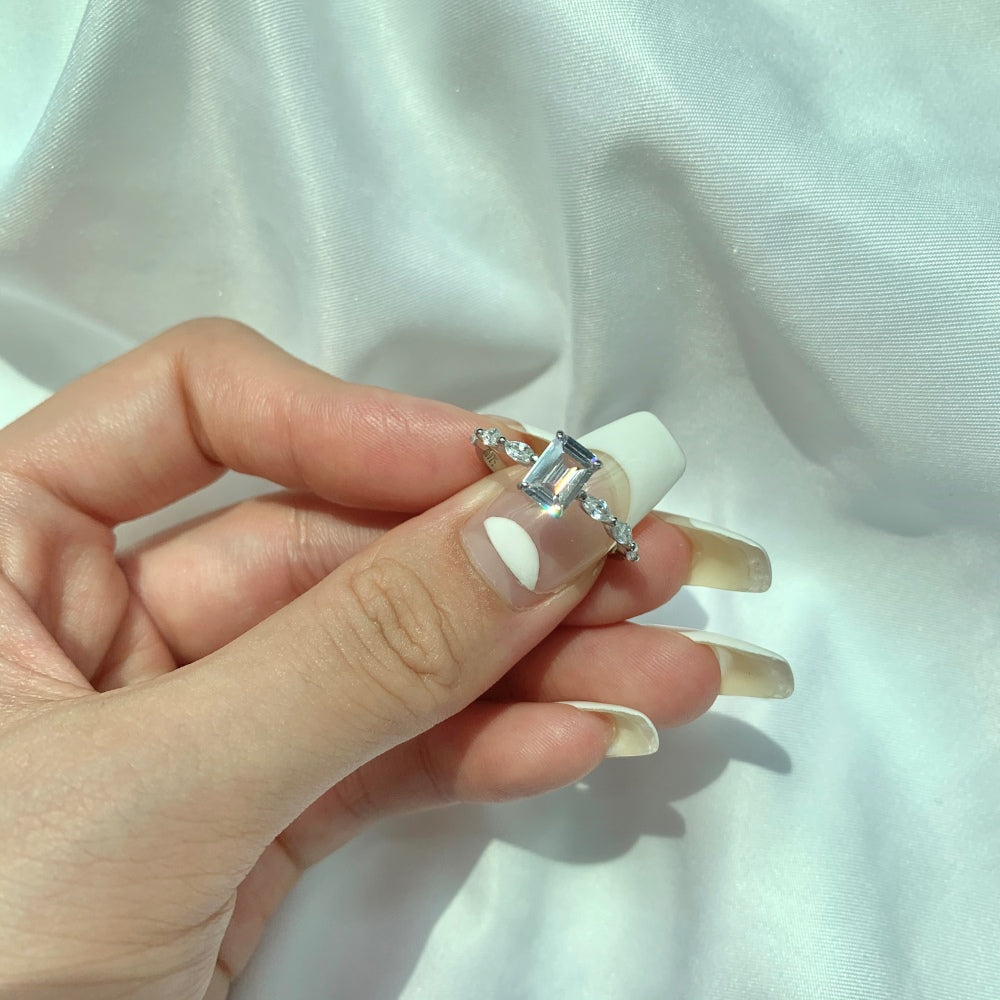 Women's Square Zirconia Narrow Band Wedding Ring, S925 with White Gold Plating
