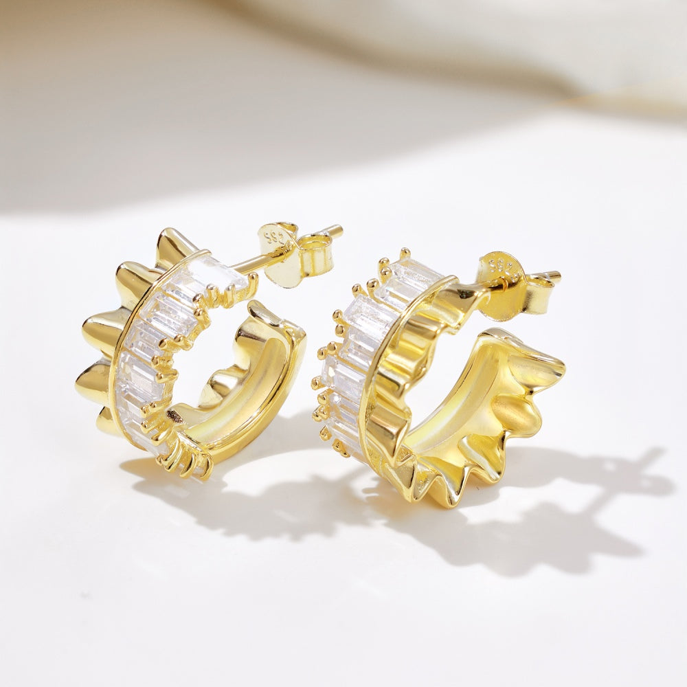 Women's Wave C‑Shape Hoop Earrings, Baguette White Zirconia Paved, S925 with Gold Plating