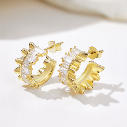 Women's Wave C‑Shape Hoop Earrings, Baguette White Zirconia Paved, S925 with Gold Plating