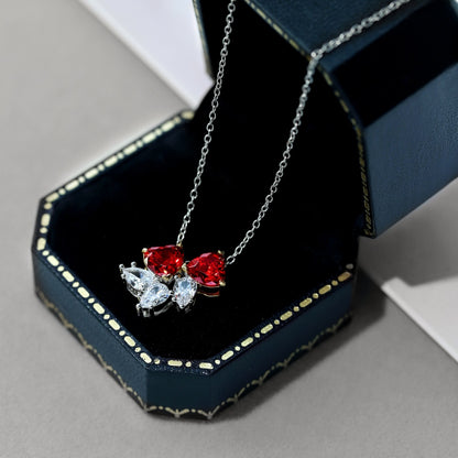 Women's Luxury Pendant Necklace, Pear Shape Colorless Zirconia & Heart Shape Red Zirconia Spliced Inlay, S925 with White Gold Plating