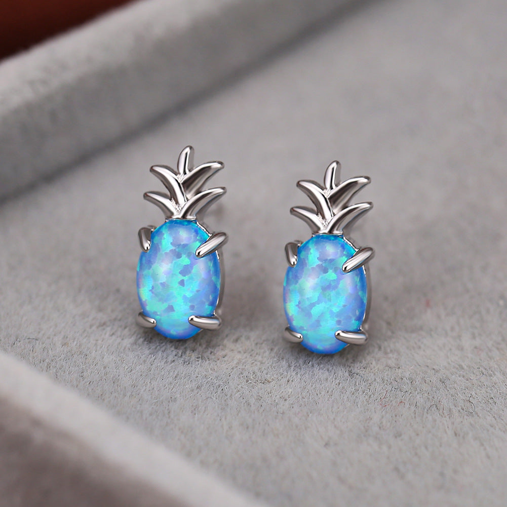 Women's Pineapple‑Shape Stud Earrings, White Opal / Blue Opal