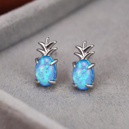 Women's Pineapple‑Shape Stud Earrings, White Opal / Blue Opal