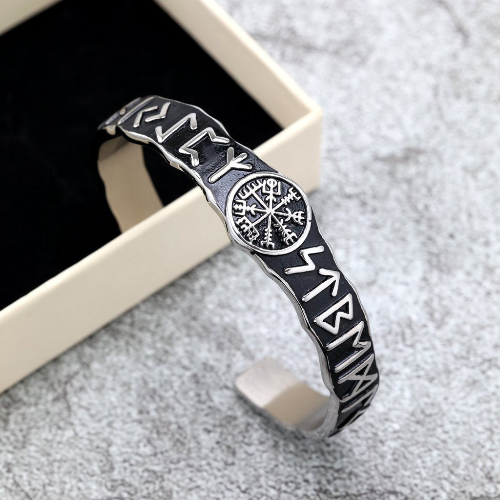 Nordic Pirate Retro Viking Rune Symbols Open C Bracelet for Men, Vintage Stainless Steel Cuff Bangle
