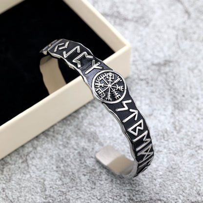 Nordic Pirate Retro Viking Rune Symbols Open C Bracelet for Men, Vintage Stainless Steel Cuff Bangle