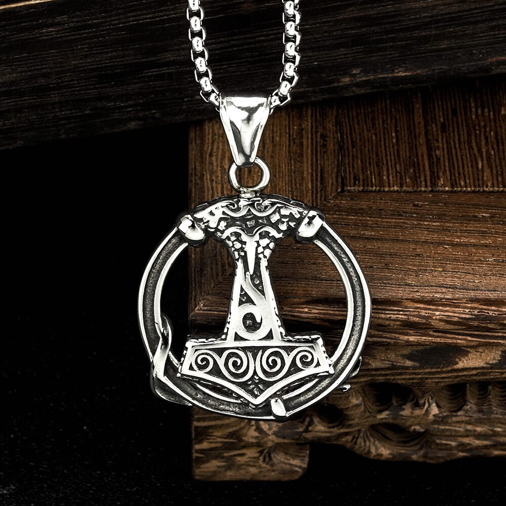 Vintage Stainless Steel Viking Thor's Hammer Round Pendant Necklace for Men