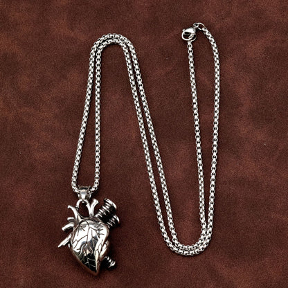 Vintage Stainless Steel Men's Screw Heart Pendant Necklace
