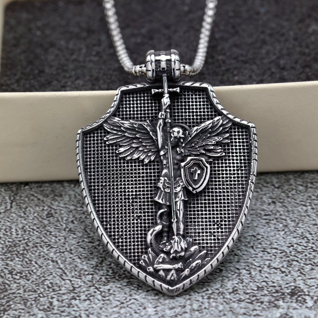Men's Steel Archangel Shield Pendant Necklace
