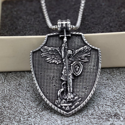 Men's Steel Archangel Shield Pendant Necklace