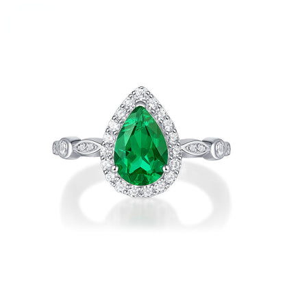 Women's White Gold Drip Shape Emerald Halo Adjustable Ring