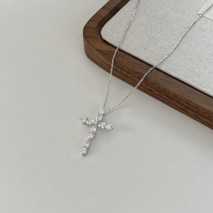 S925 Sterling Silver Cross Necklace, White Pear-Shaped & Round Zirconia Inlaid Niche Versatile Fashion Jewelry