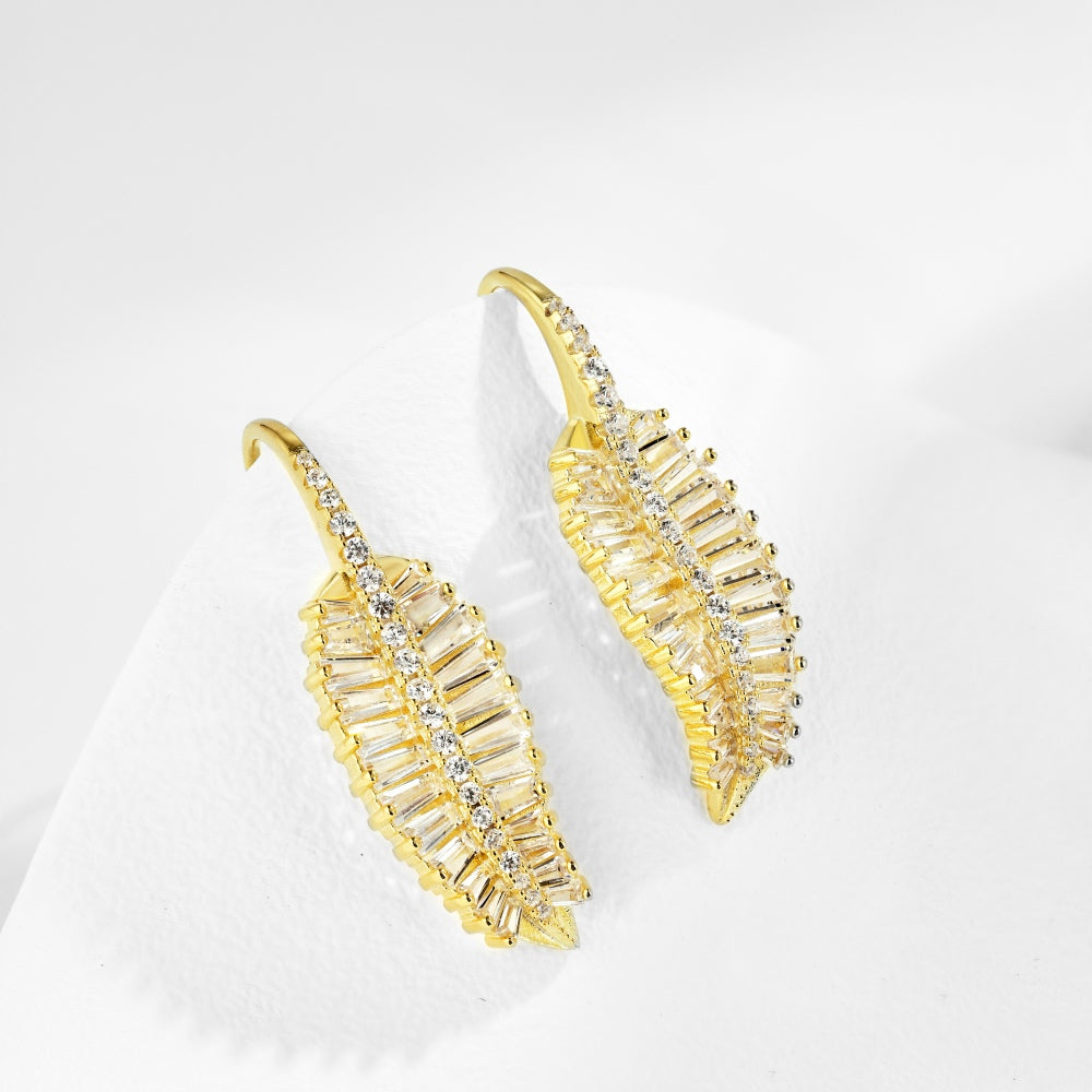 Women's Leaf Shape Drop Earrings, Tapered Baguette Zirconia Paved, S925 with 18K Gold Plating