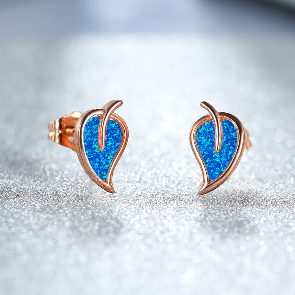 Women's Leaf‑Shape Stud Earrings, Blue Opal / White Opal Inlay, Rose Gold Plating / White Gold Plating