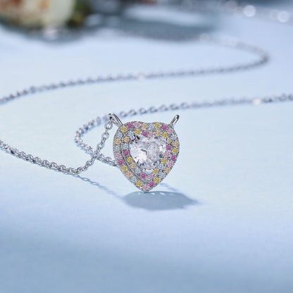 Niche Layered S925 Sterling Silver Necklace, Inlaid White Heart Main Stone and Colorful Round Zirconia Exquisite Fashion Pendant