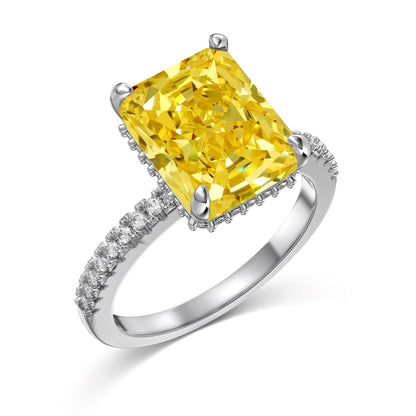 Women's Square Ice Flower Cut Yellow Gemstone Zirconia Luxury Ring, S925 with White Gold Plating