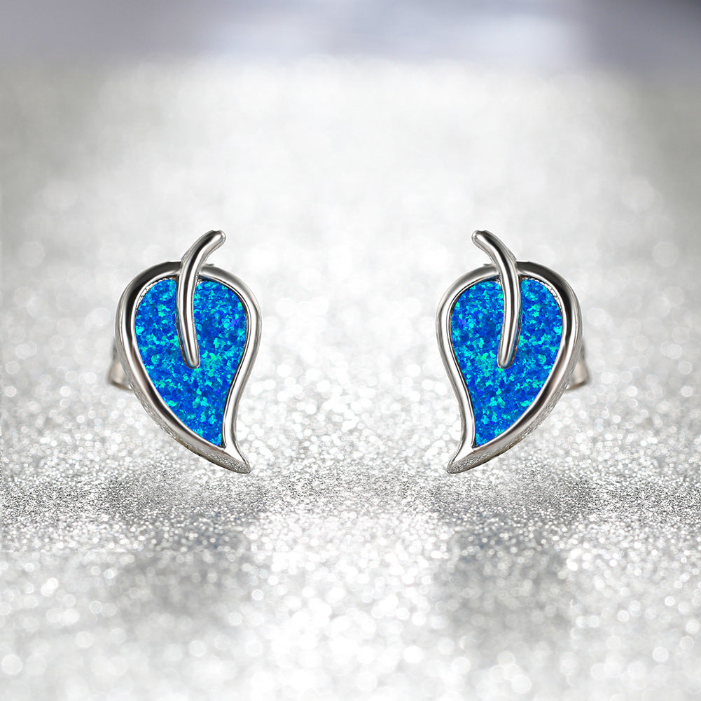 Women's Leaf‑Shape Stud Earrings, Blue Opal / White Opal Inlay, Rose Gold Plating / White Gold Plating