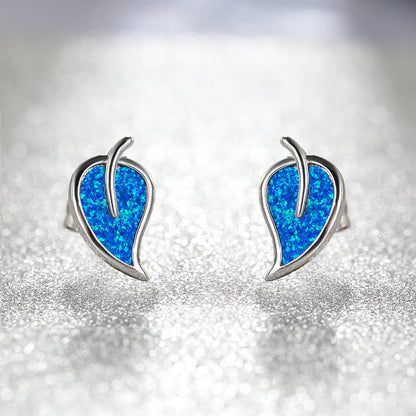 Women's Leaf‑Shape Stud Earrings, Blue Opal / White Opal Inlay, Rose Gold Plating / White Gold Plating