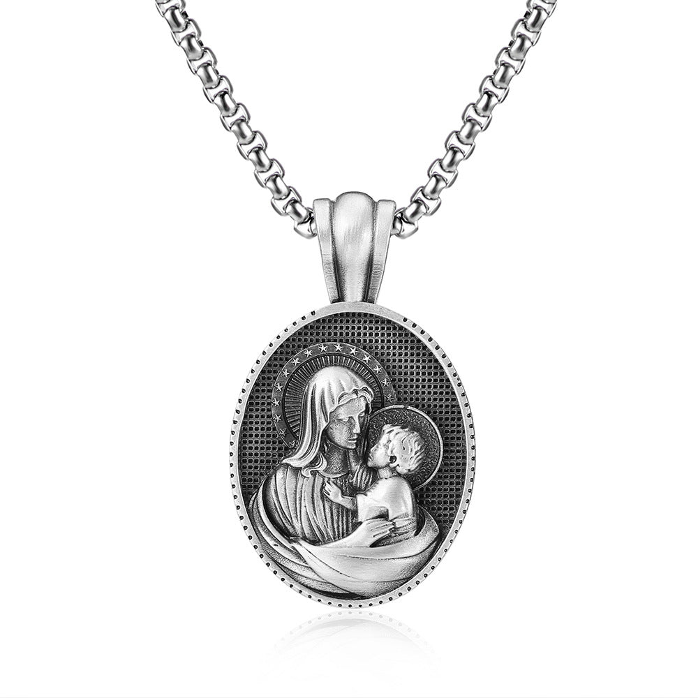 Men's Steel Virgin Mary Oval Pendant Necklace