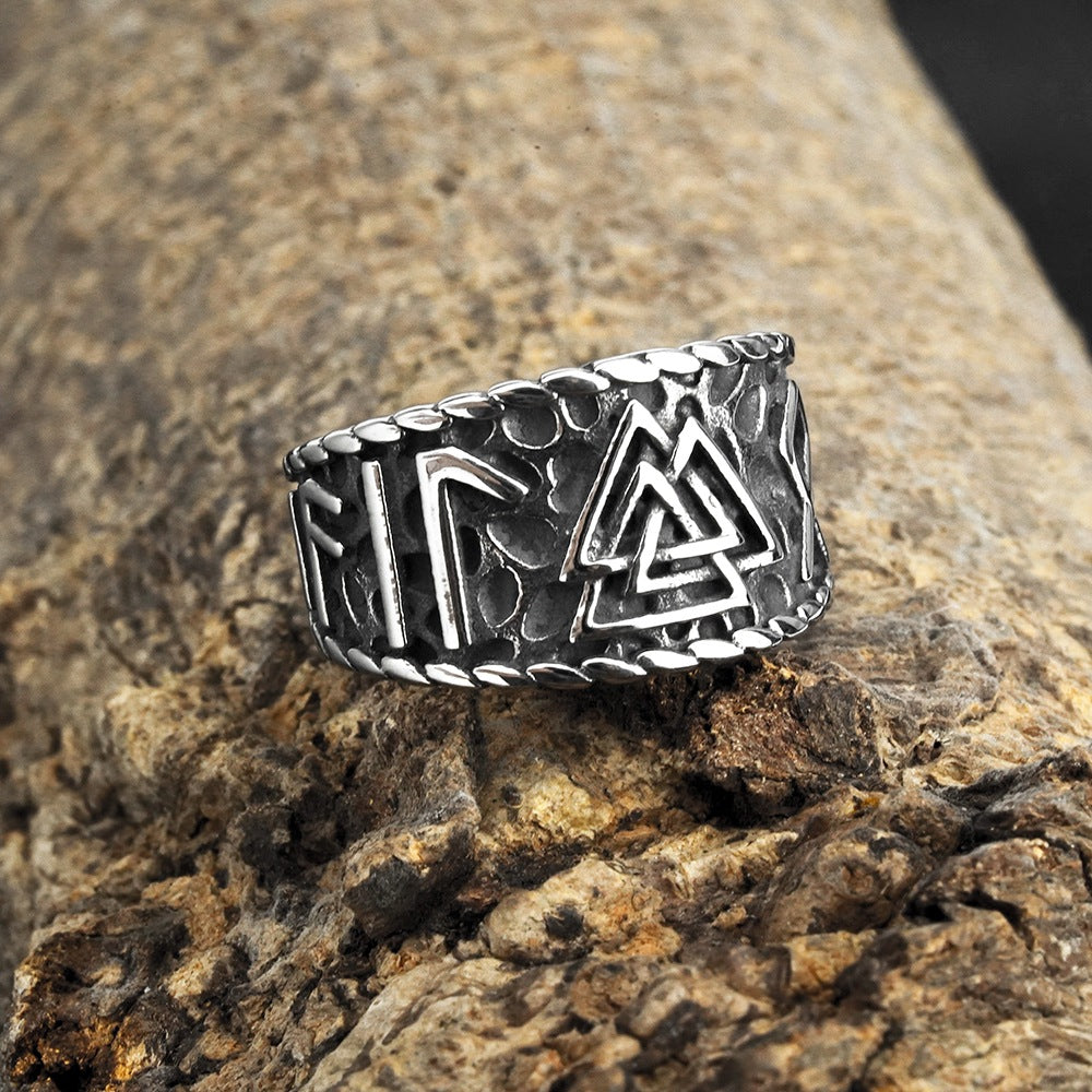 Vintage Solid Stainless Steel Norse Viking Rune Valknut Textured Wide Band Ring for Men