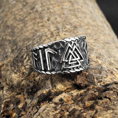 Vintage Solid Stainless Steel Norse Viking Rune Valknut Textured Wide Band Ring for Men