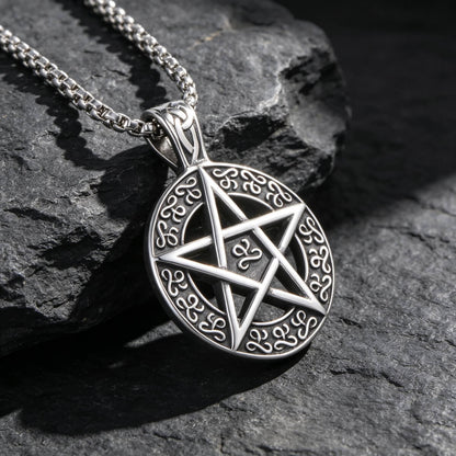 Men's Steel Pentagram Round Pendant Necklace