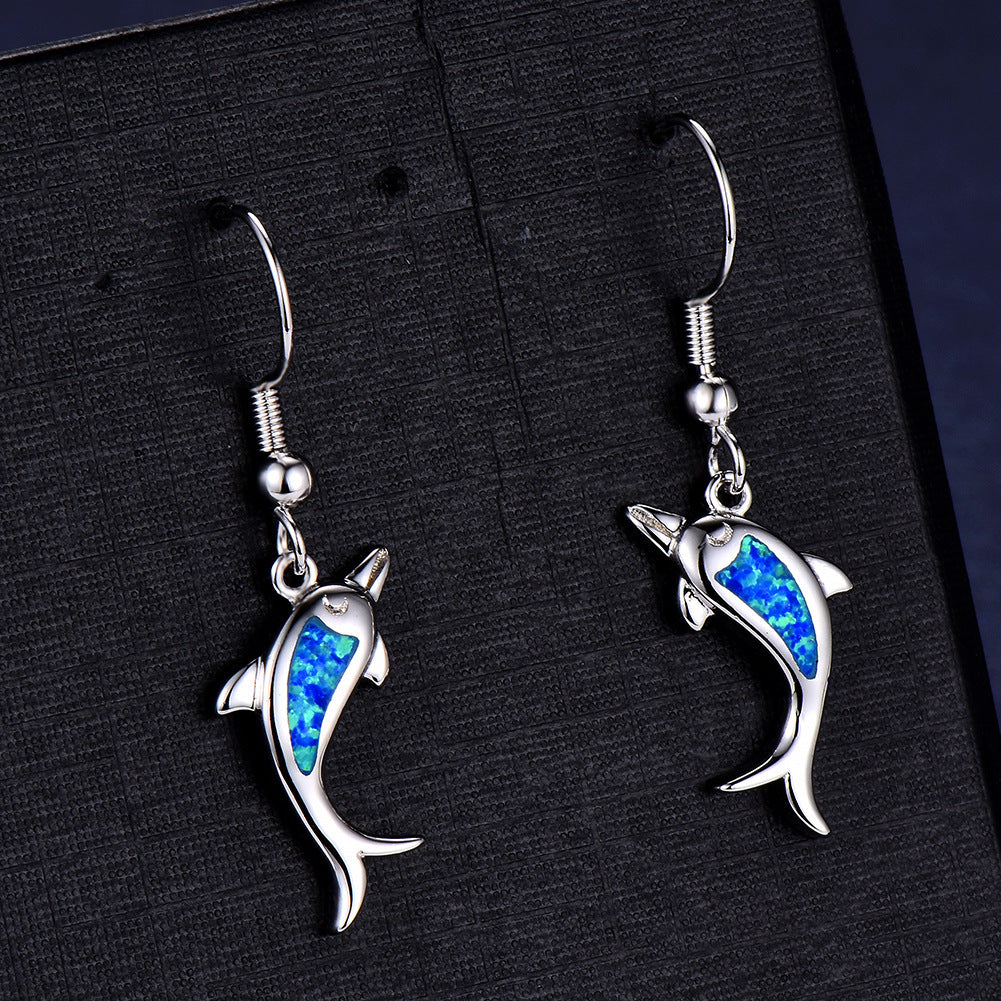 Women's Dolphin‑Shape Blue Opal Dangle Earrings, White Gold Plating