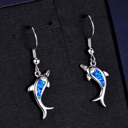 Women's Dolphin‑Shape Blue Opal Dangle Earrings, White Gold Plating