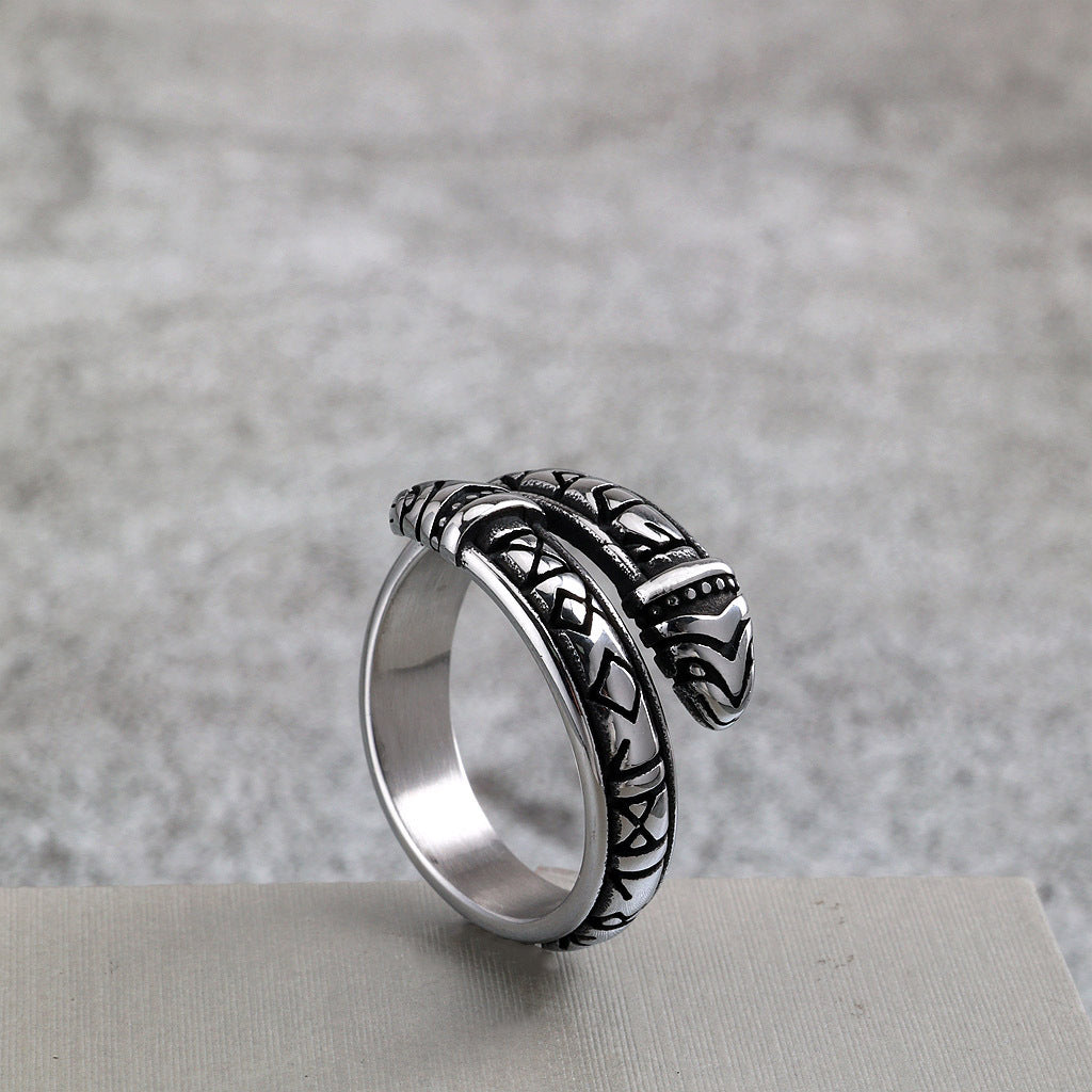 Vintage Stainless Steel Narrow Band Viking Script Symbol Snake Ring for Men