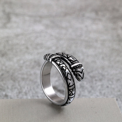Vintage Stainless Steel Narrow Band Viking Script Symbol Snake Ring for Men