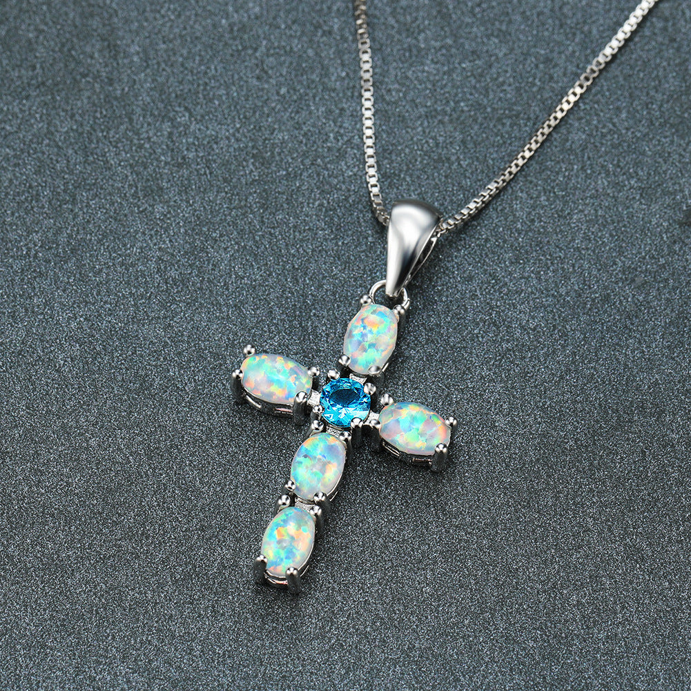Cross-shaped Opal  gemstone necklace
