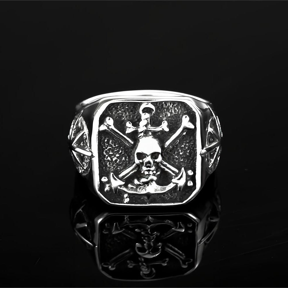 Vintage Solid Stainless Steel Pirate Skull Octagram Square Signet Ring for Men