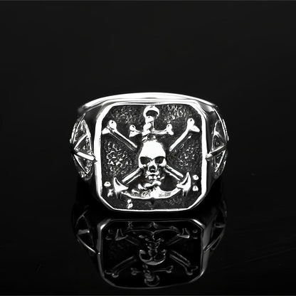 Vintage Solid Stainless Steel Pirate Skull Octagram Square Signet Ring for Men